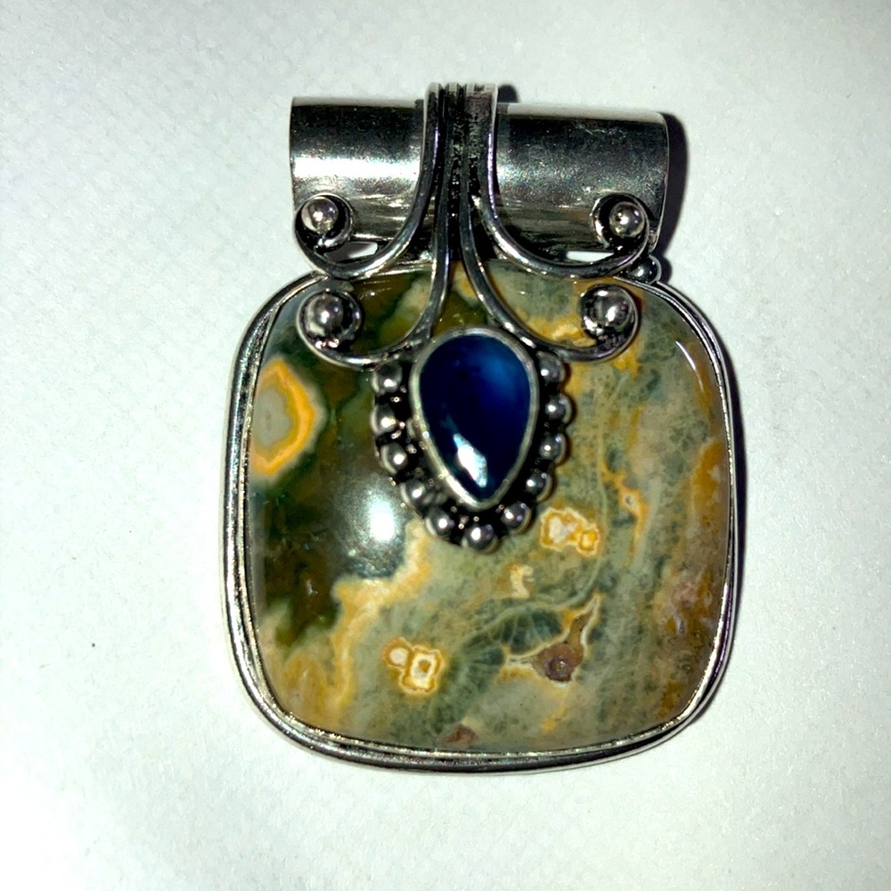 Hand Crafted Ocean Jasper Blue Topaz 925 Silver Plated Gem Necklace Pendant 1.6" - Picture 2 of 8